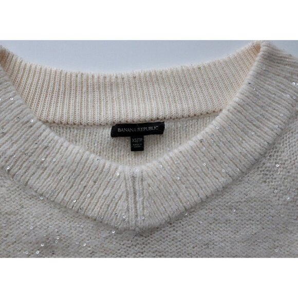 Banana Republic Women XS Ivory White Sequin V-Neck Sweater Knit Hol' 20 Pullover - Picture 4 of 9